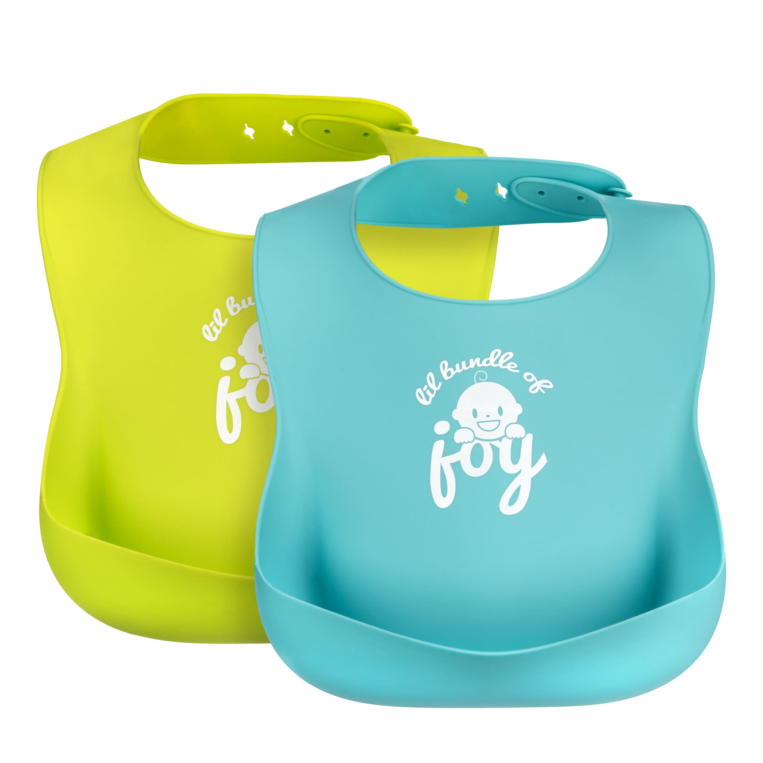 Pair of silicone baby bibs in green and blue