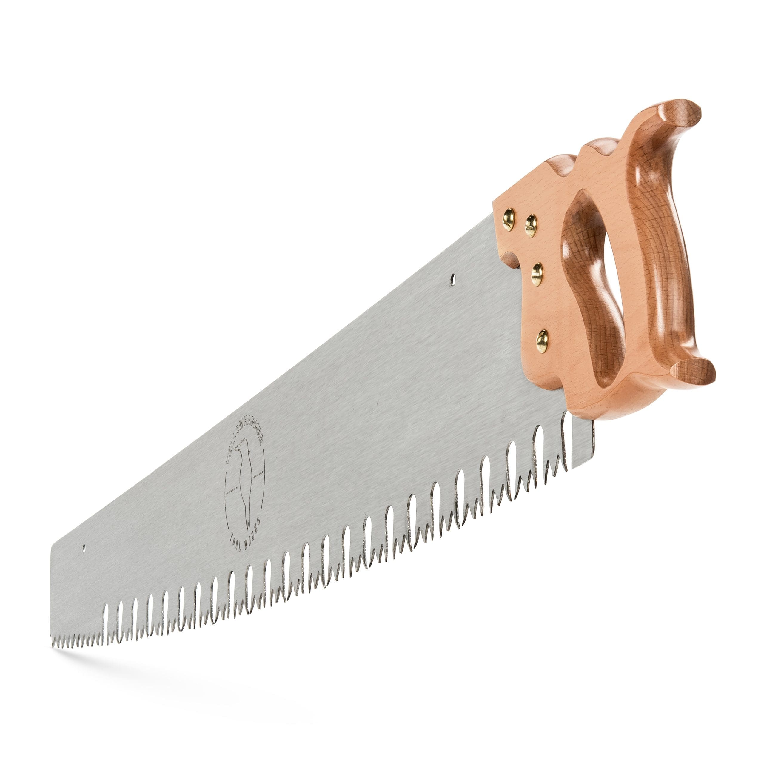 Hand saw with wooden handle on a white background