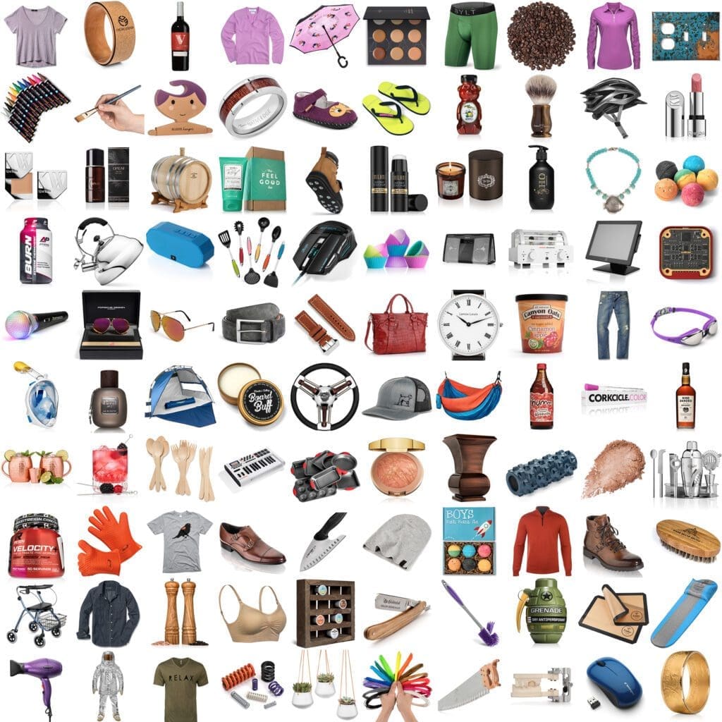 Collage of white background product photo examples arranged in a 10 x 10 grid pattern